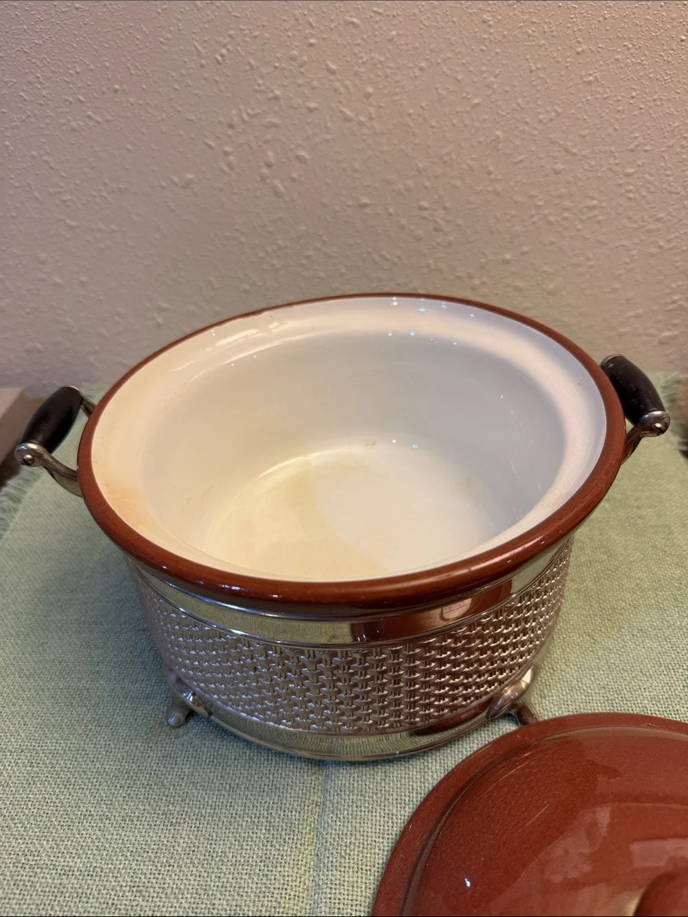 Classic Vintage Casserole Ceramic Crock with lid and Silver-tone Metal Base